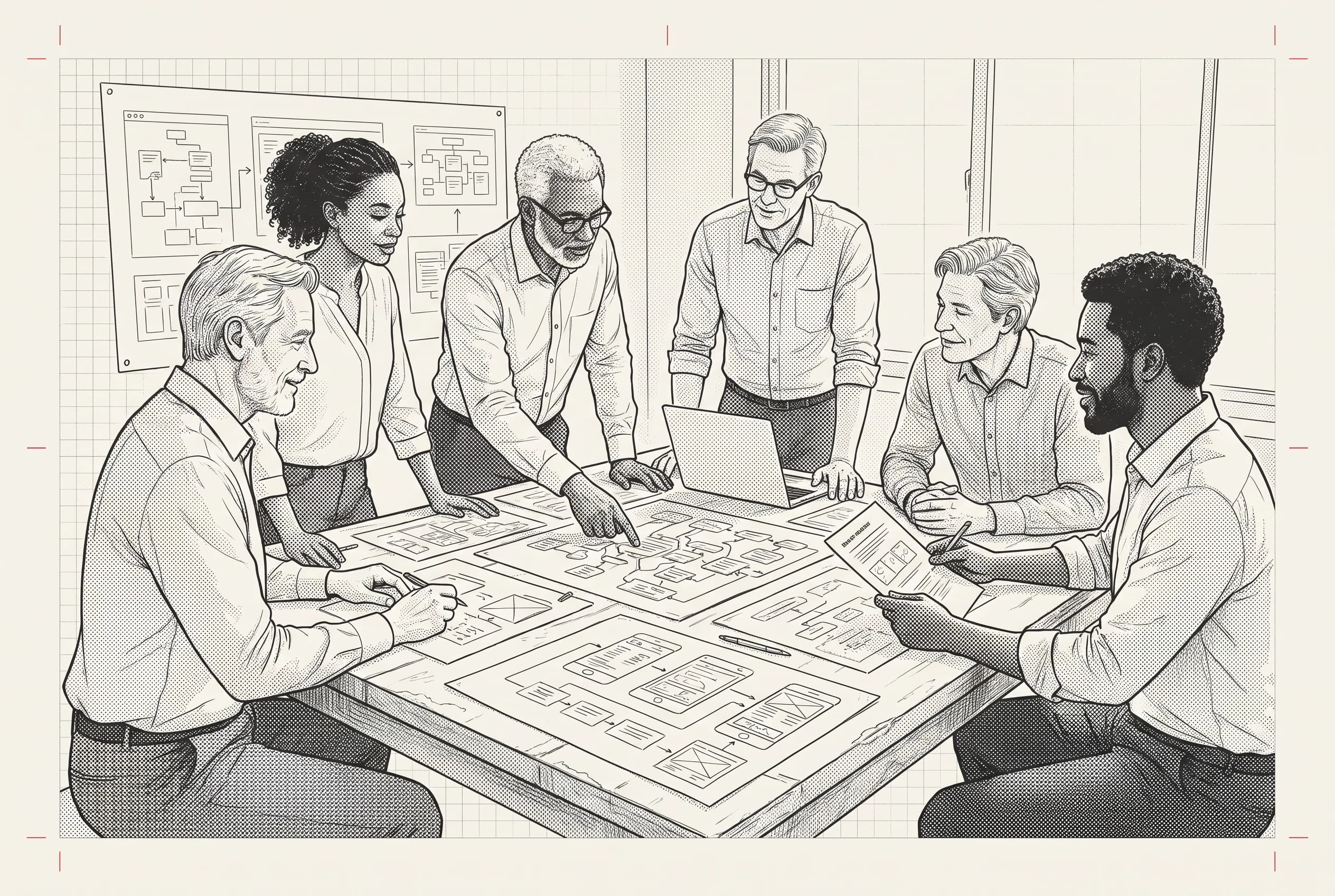 A cross-functional team reviewing enterprise workflow maps and product designs
